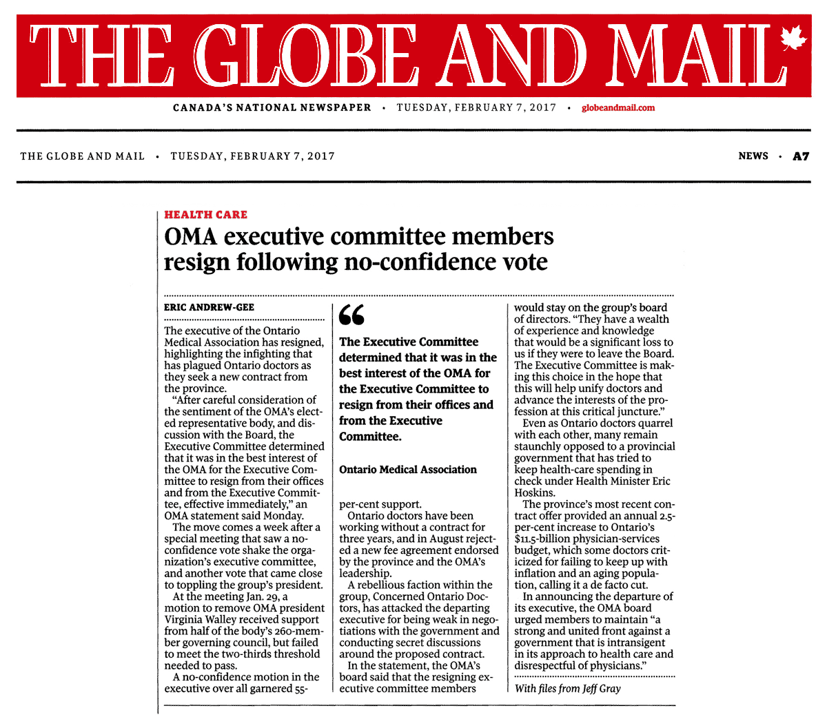 Globe & Mail 2017-02-07 - OMA exec resigns